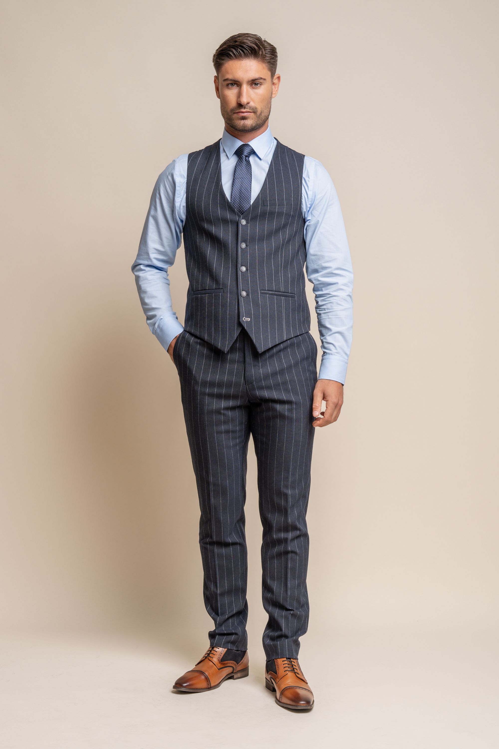 Men's Pinstripe Slim Fit Navy Blue Waistcoat - INVINCIBLE