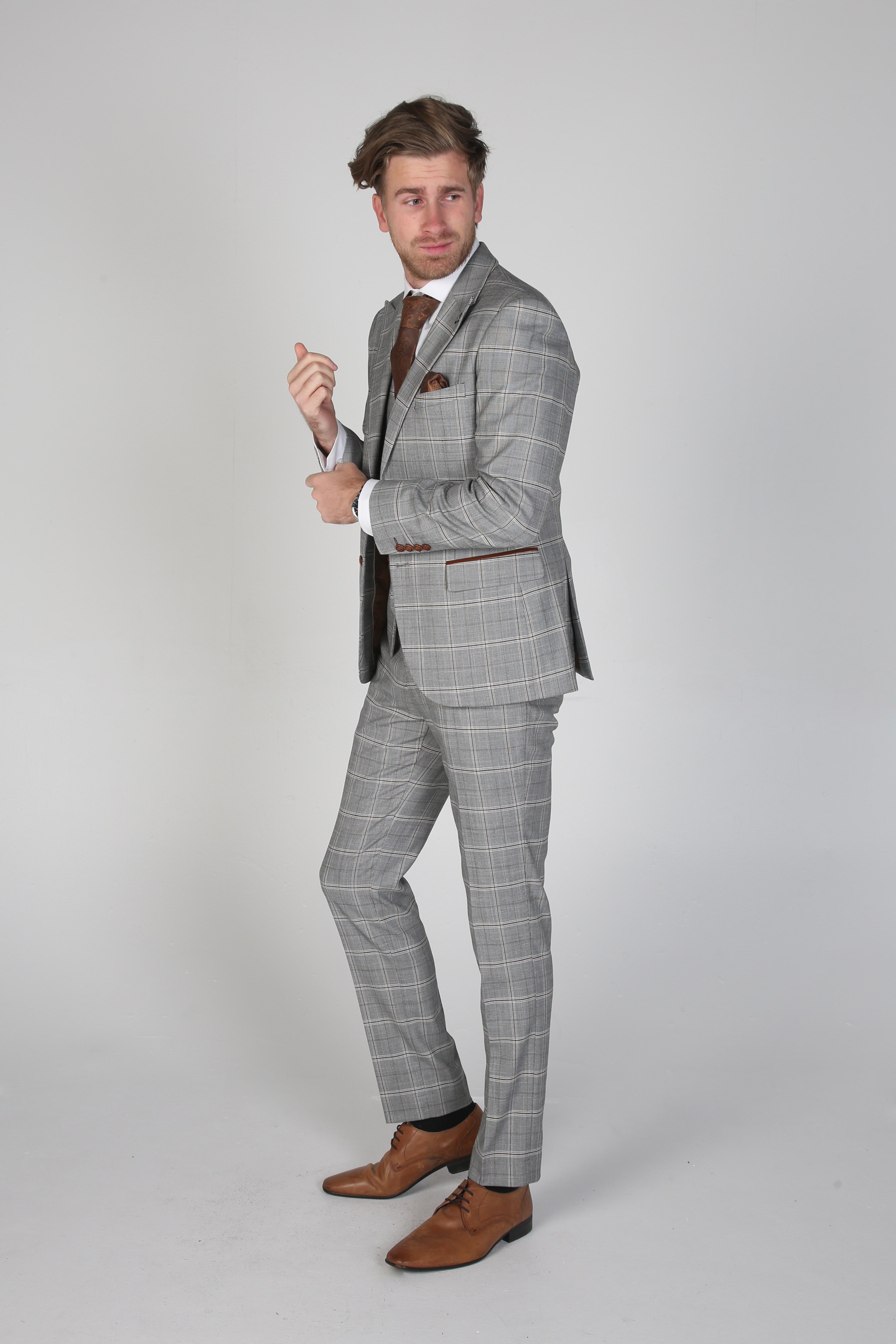 Men's Windowpane Check Grey Suit - FRANCIS