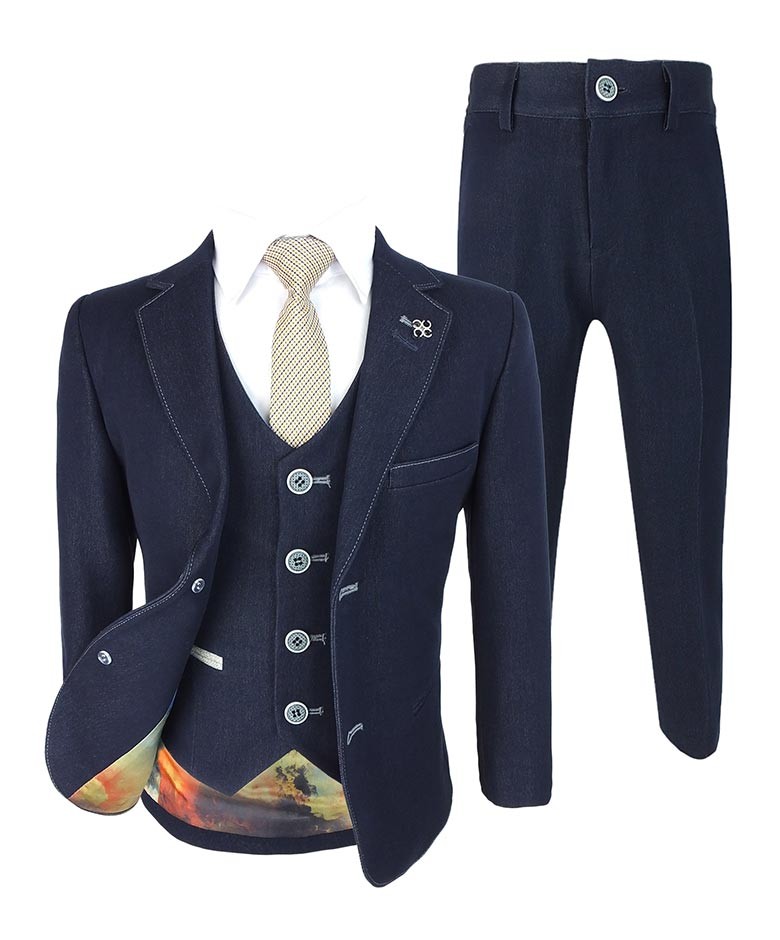 Boys Denim Look Navy Slim Fit Suit - FABIAN