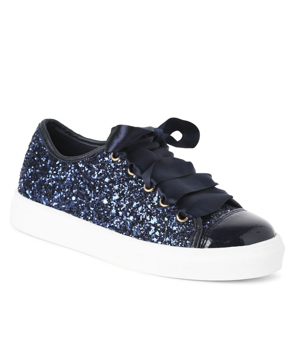 Girls' Glitter Sneakers with Satin Ribbon Laces – TRINITY - Navy Blue