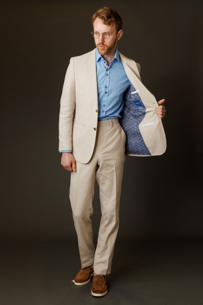 Men's Cotton Blend Self Patterned Suit - GIOVANNI Cream
