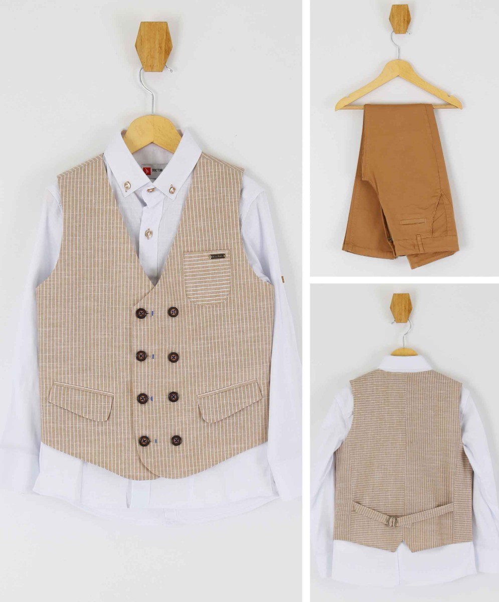 Boys Cotton Linen Pinstrip Waistcoat Suit Set - Beige