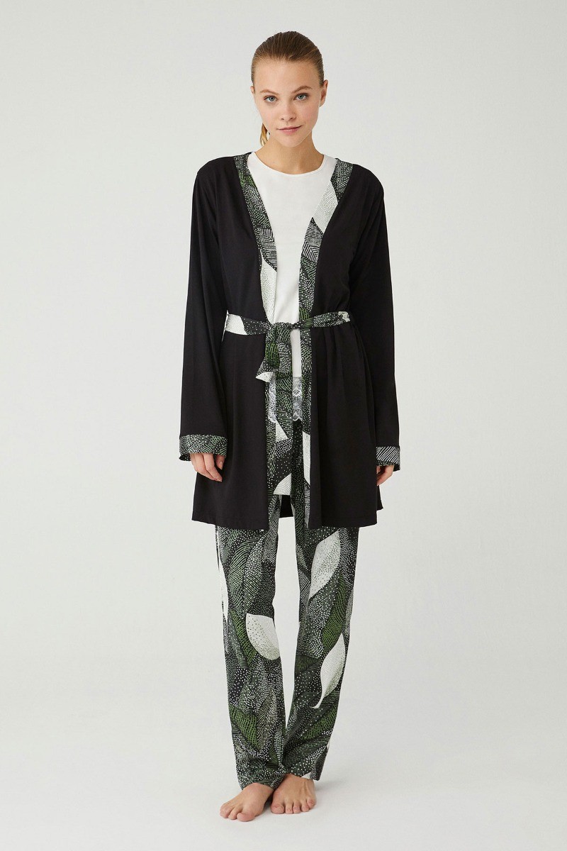 Women's Soft Pyjama Set - Black - Ecru