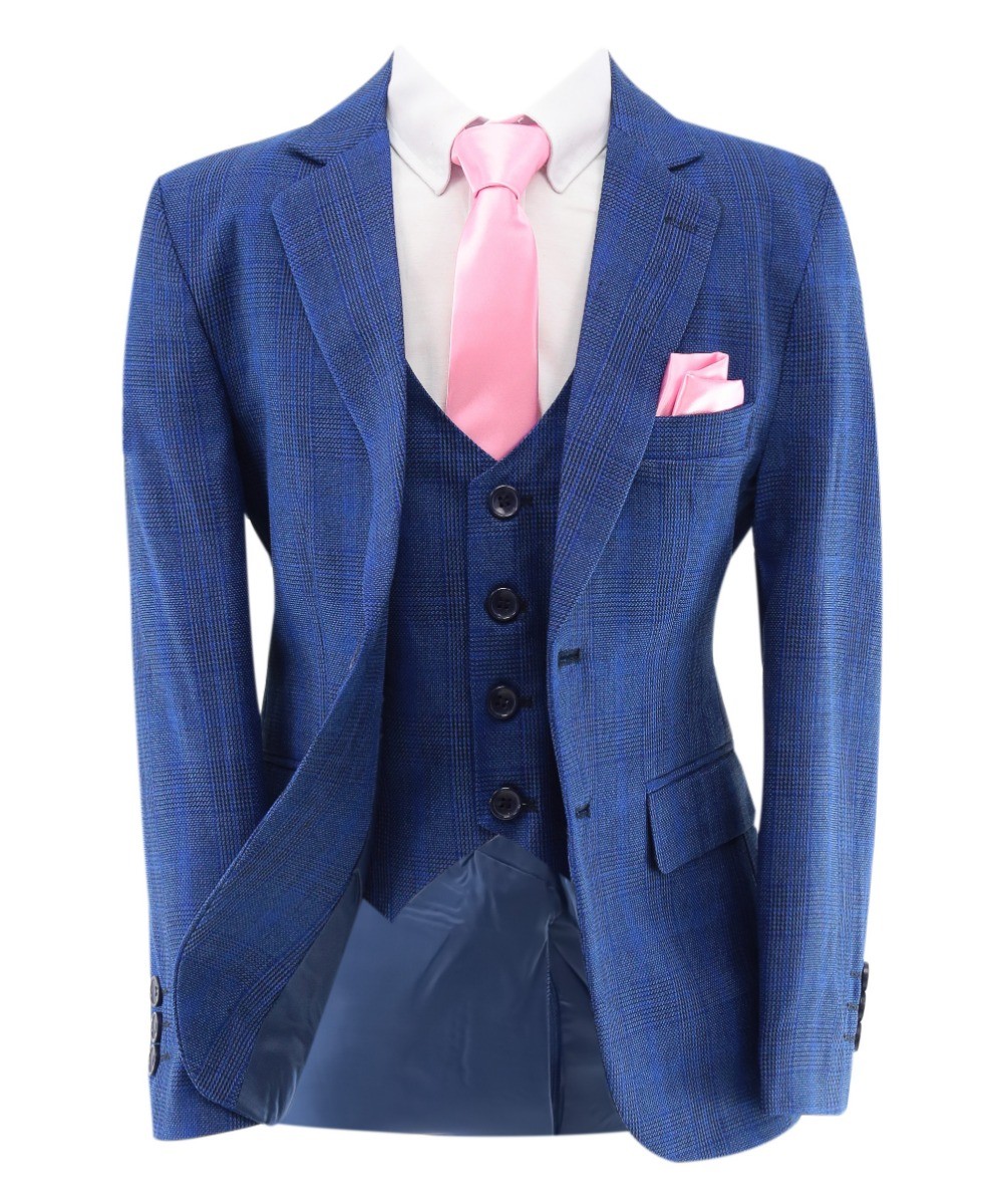 Boys Plaid Check Tailored Fit Blue Suit - LIONEL