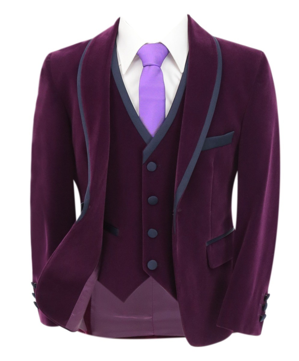 Boys Slim Fit Piping Velvet Tuxedo Suit - LONDON - Purple