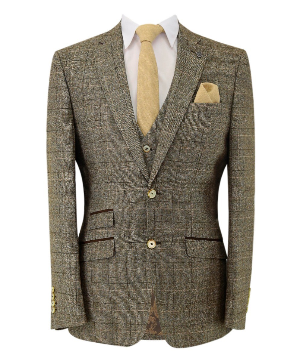 Men's Tweed Windowpane Check Suit Jacket - LIAM Beige