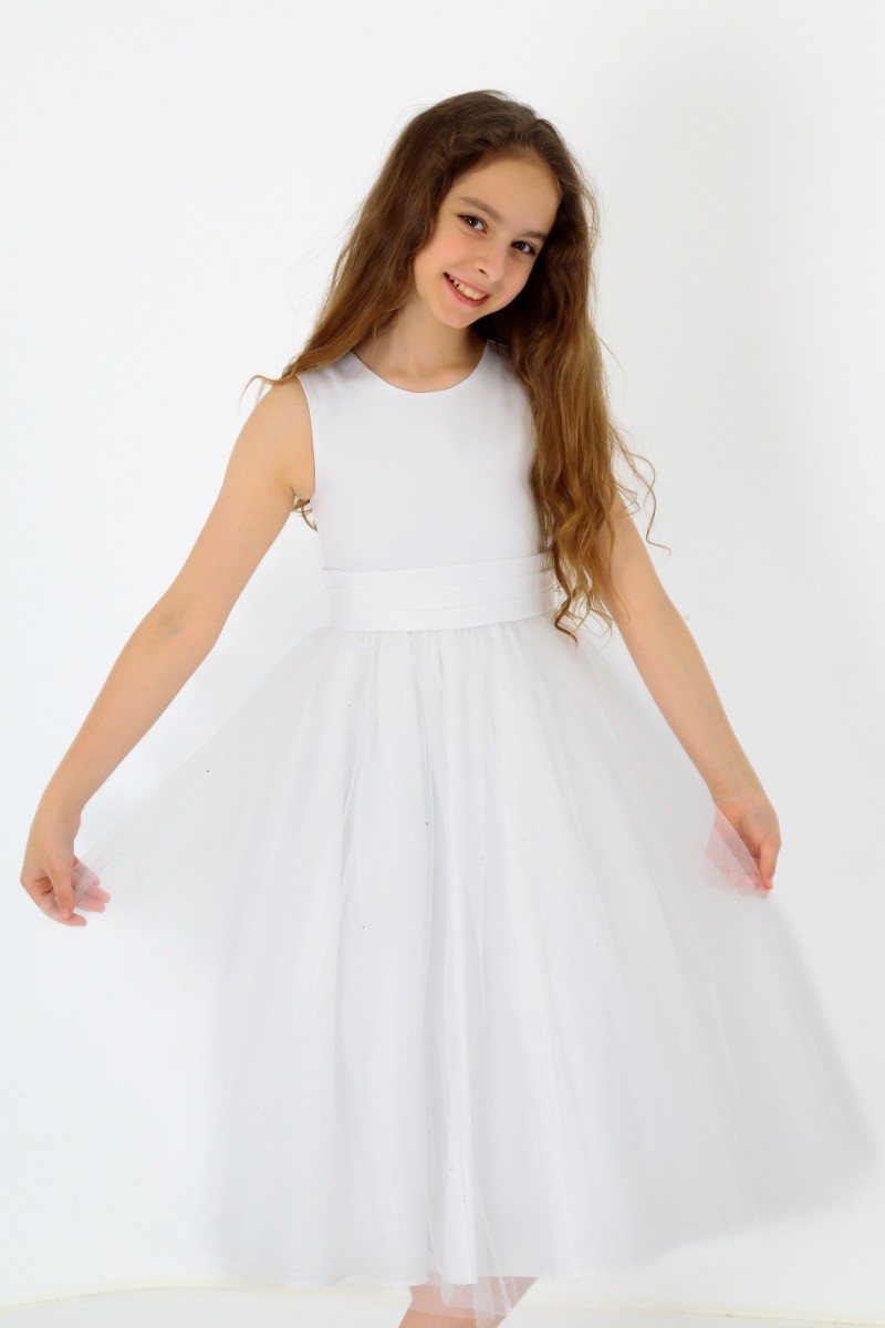Flower Girls Sleeveless Tulle Communion Dress - White