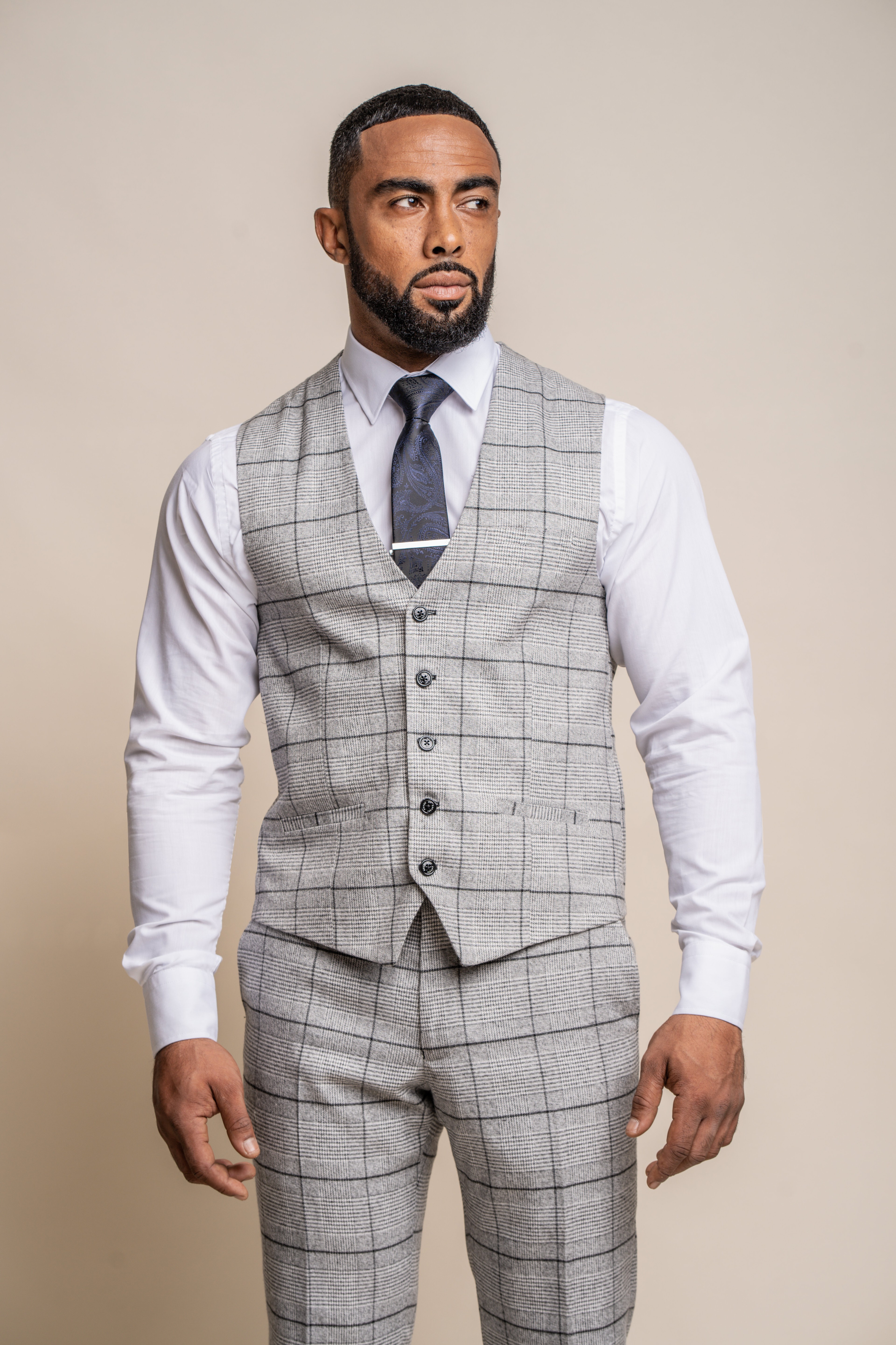 Men's Tweed Windowpane Check Waistcoat - GHOST Grey