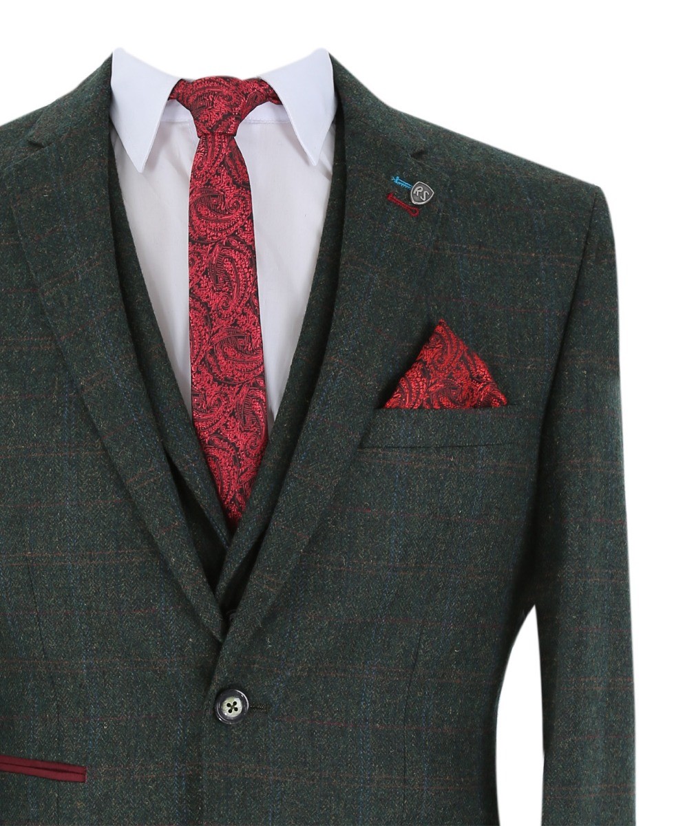 Men's Tweed Check Tailored Fit Suit Jacket - JOSHUA Green