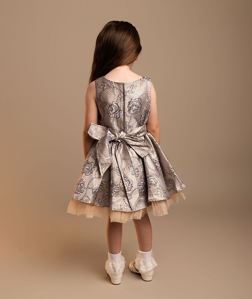 Girls' Blue Jacquard Pleated Dress with Bow Set - Sana