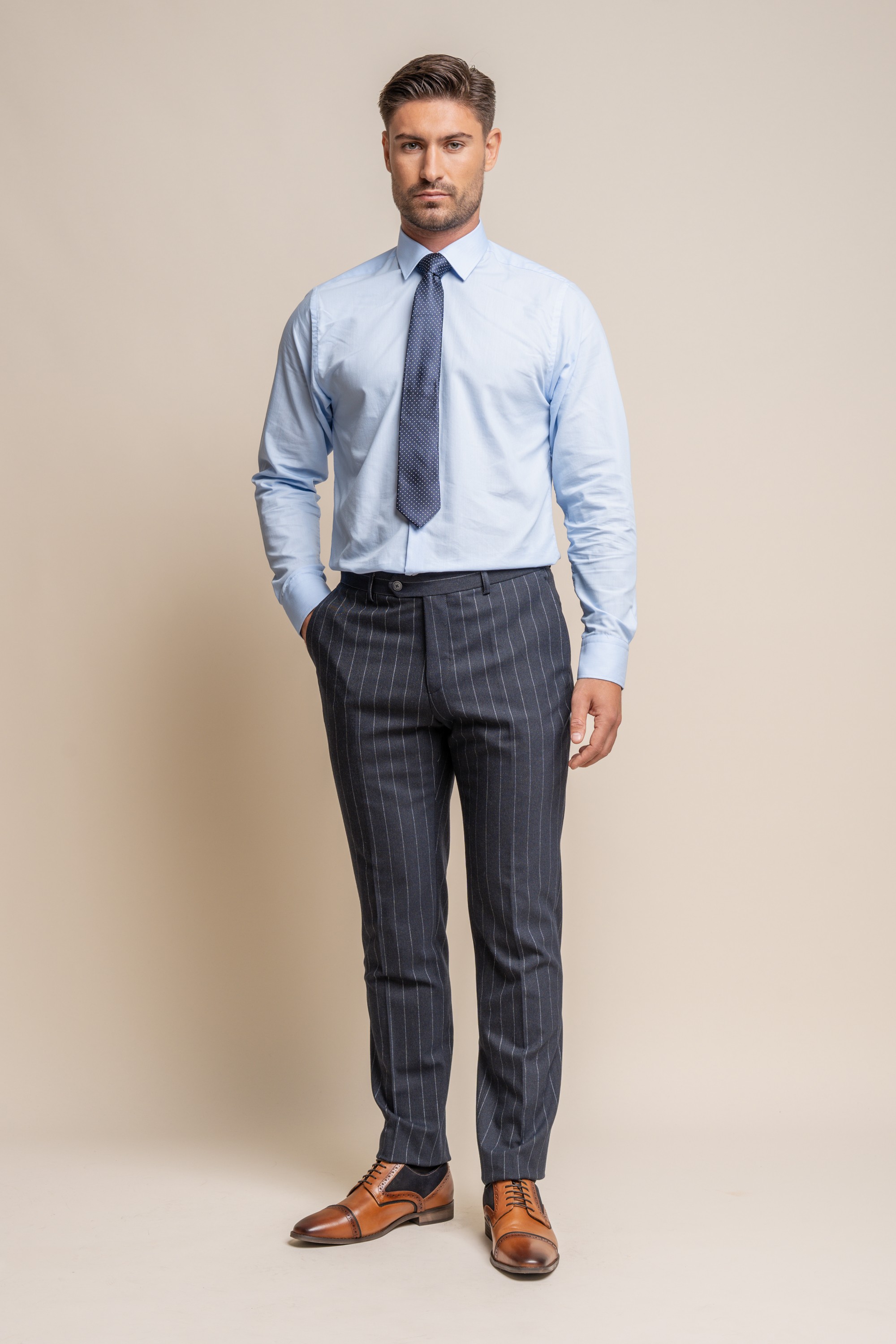  Men's Pinstripe Slim Fit Navy Blue Formal Trousers- Invincible