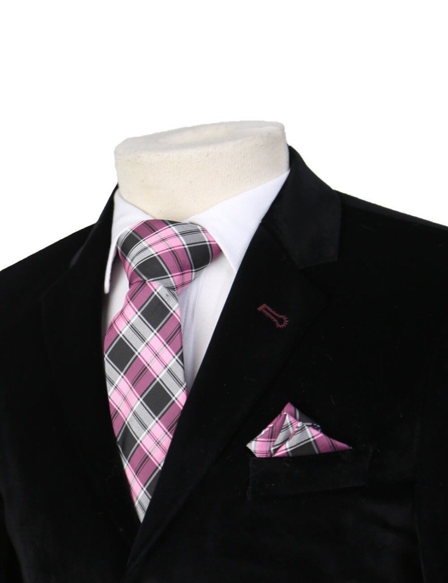 Boys Plaid Checkered Tie & Hankie Set - Pink and Grey