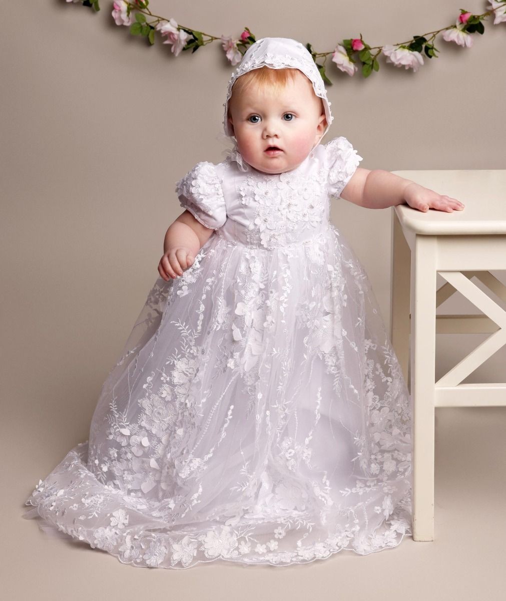 Baby Girls Lace Heirloom Christening Gown & Bonnet - RACHEAL - White