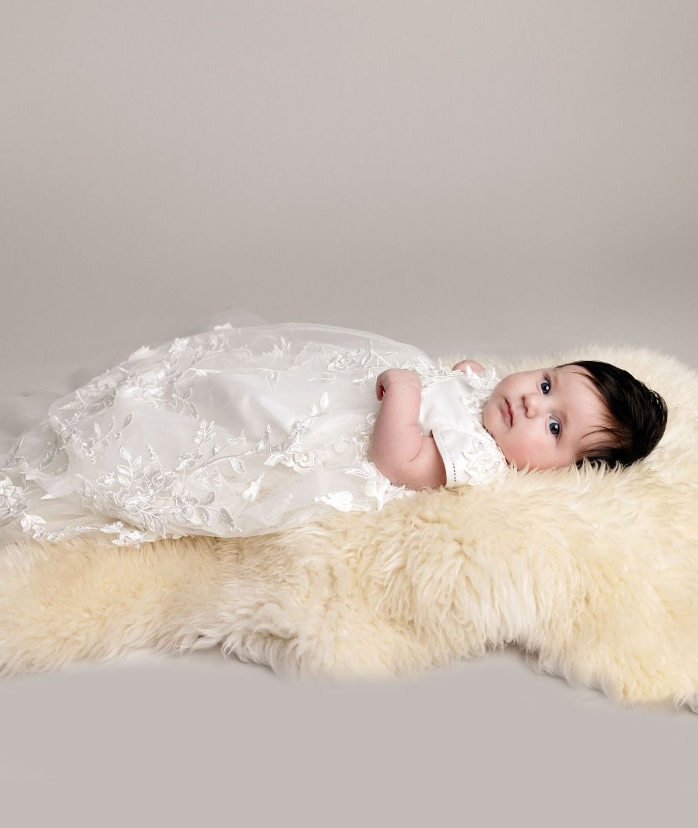 Baby Girls Floral Lace Off White Christening Gown - KRYSTAL