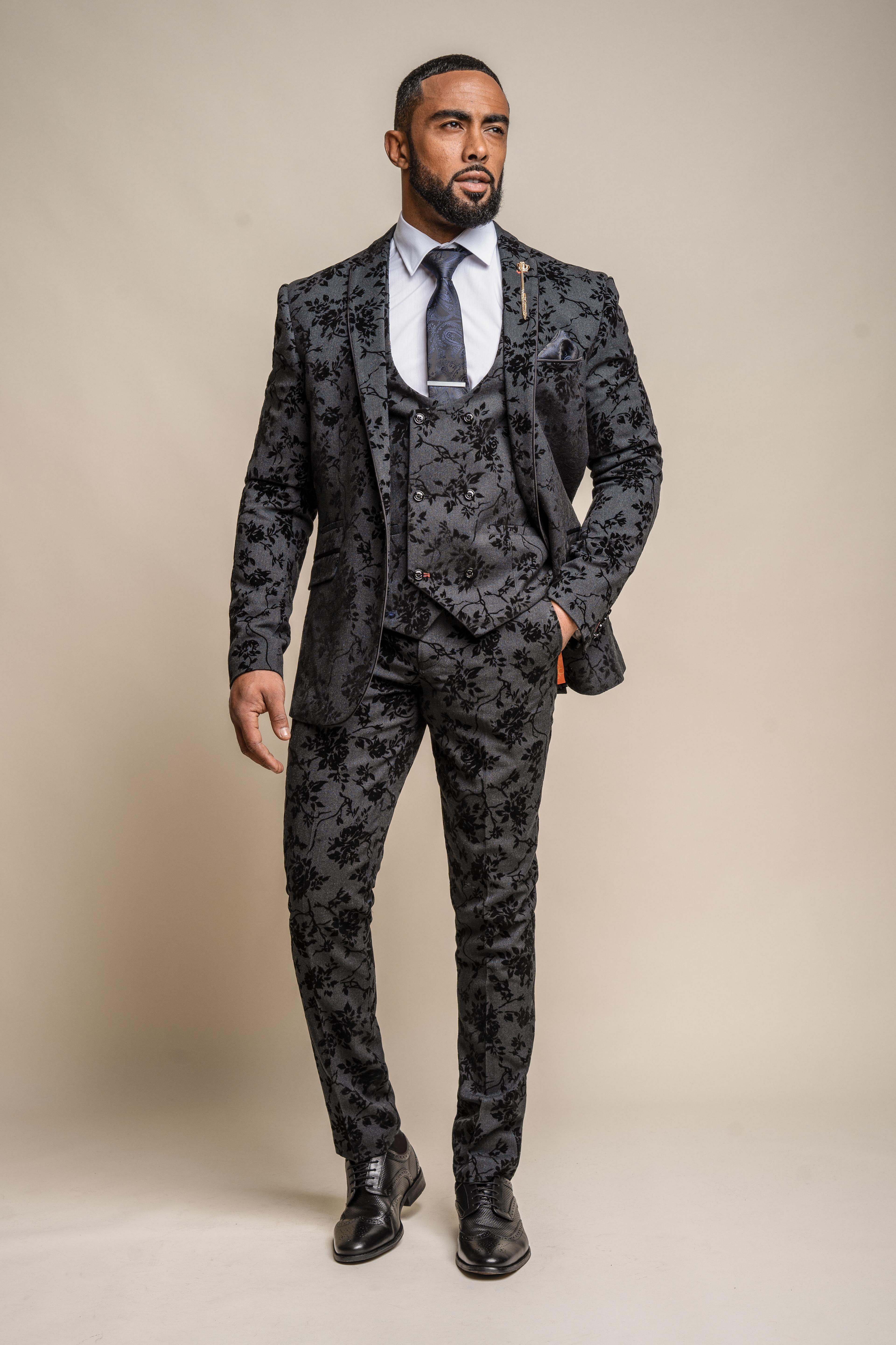 Men's Black Velvet Floral Embroidered Suit Jacket - GEORGI - Black