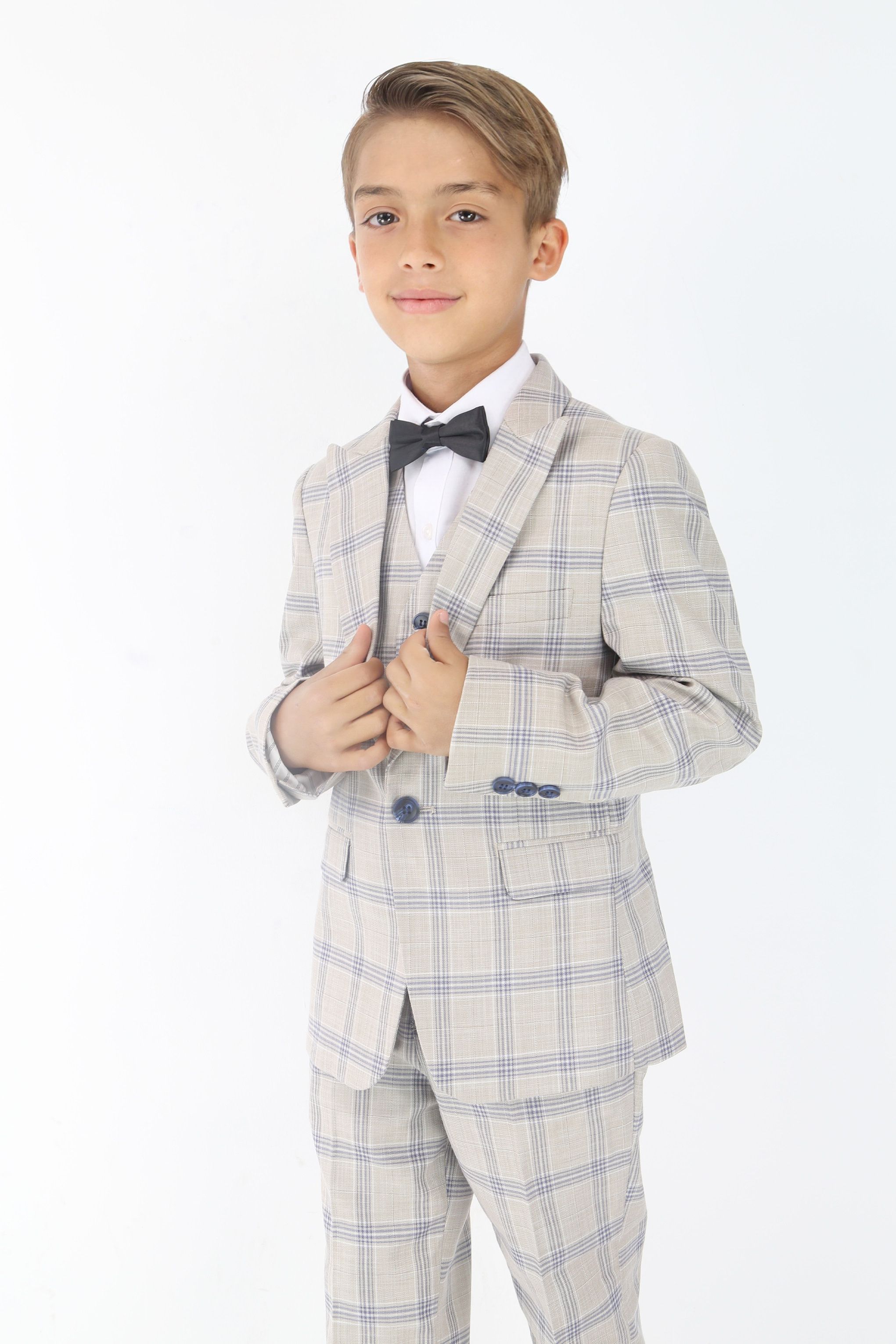 Boys Beige & Blue Plaid Check Suit