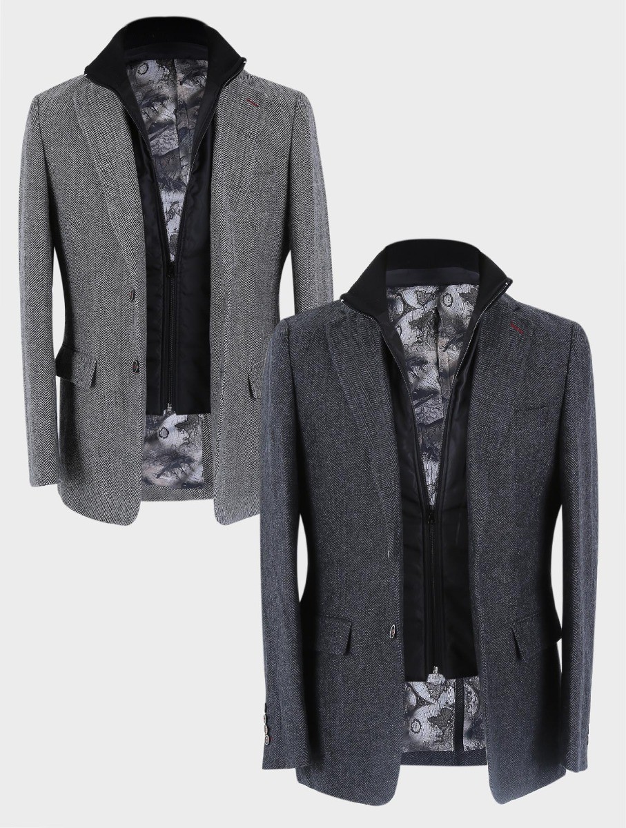 Men's Wool Herringbone Tweed Coat with Removable Zipper - Alexander