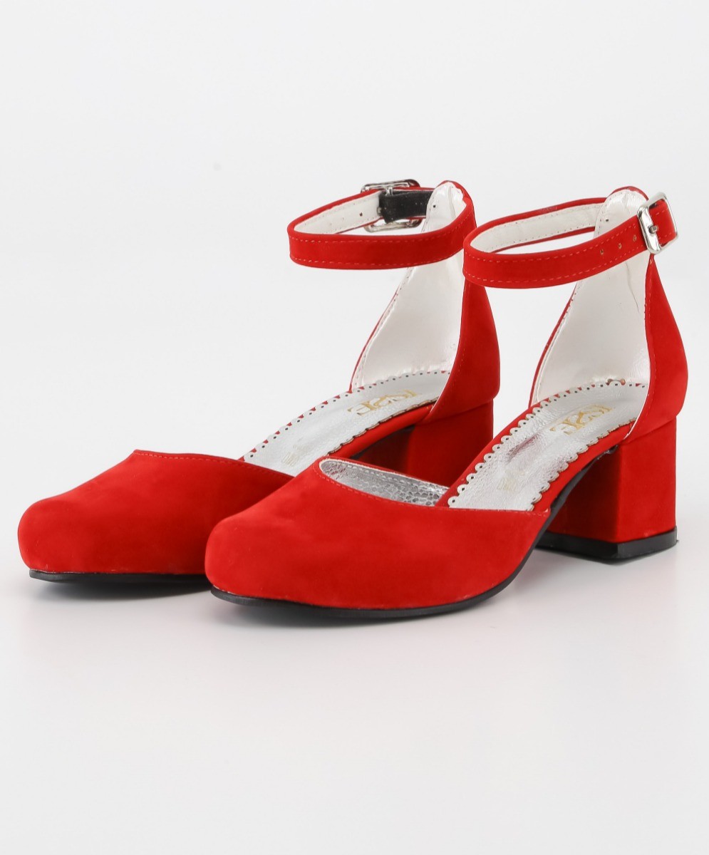 Girls Mary Jane Block Heel Shoes - Red