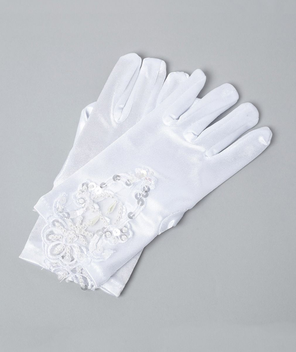 Girls' White Sequin Beaded Satin Gloves - VERA