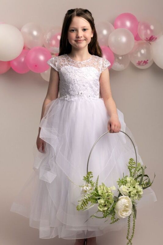 Girls White Layered Tulle Dress with Corset Back - TERRESA