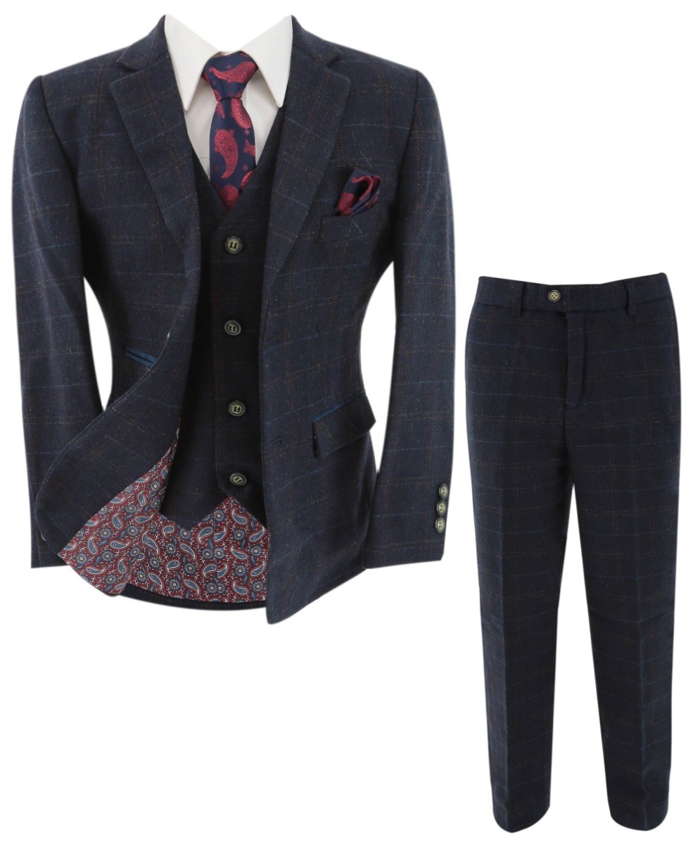 Boys Tweed Windowpane Check Tailored Fit Suit - Ryan Navy - Navy Blue
