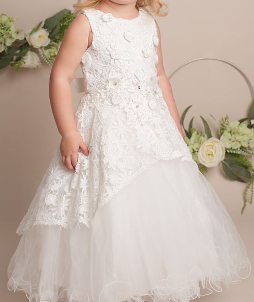 Girls Ivory Flower Lace Overlay Tulle Dress - RUBY