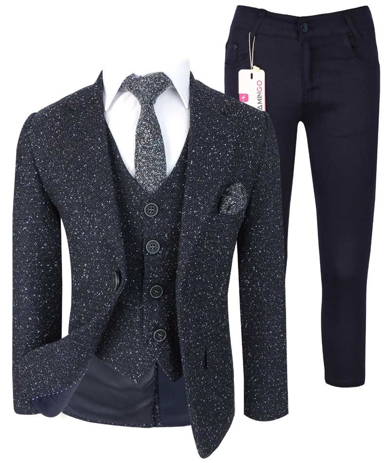 Boys Tailored Fit Tweed Suit with Chino - COSMO Navy