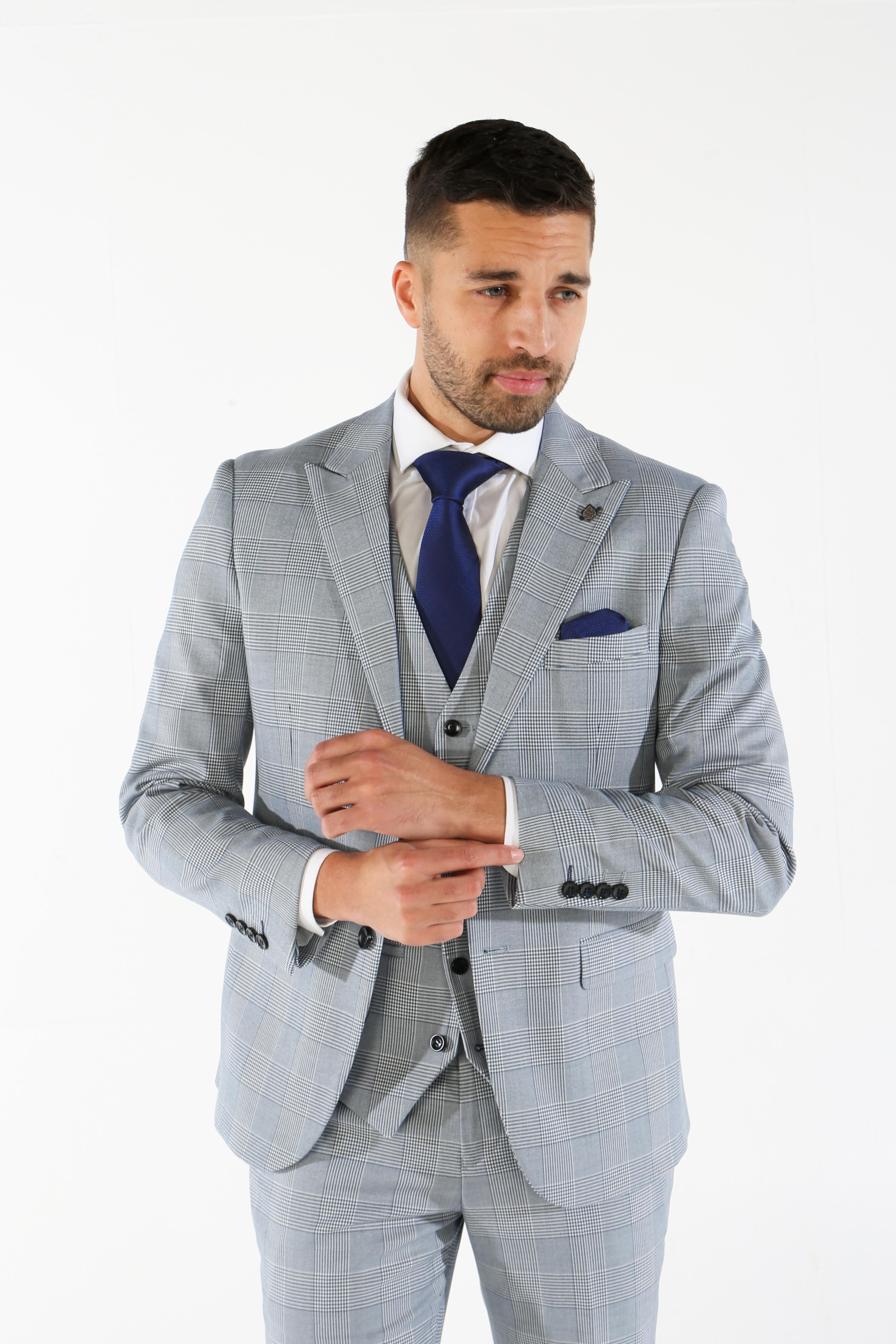 Men's Tweed Houndstooth Check Sky Blue Suit - MARK