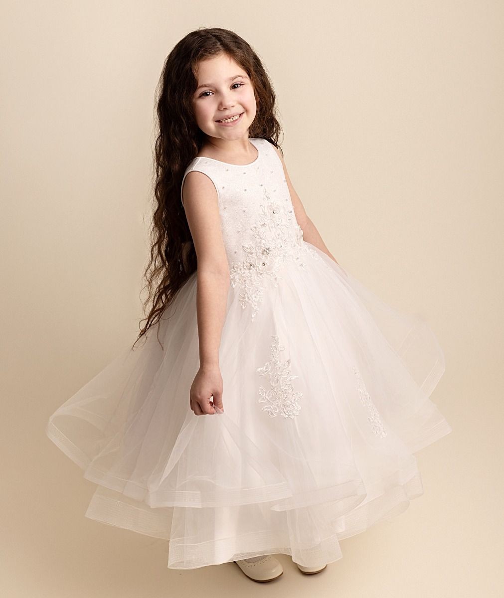 Girls Ivory Floral Embroidered Tulle Dress - RAQUEL