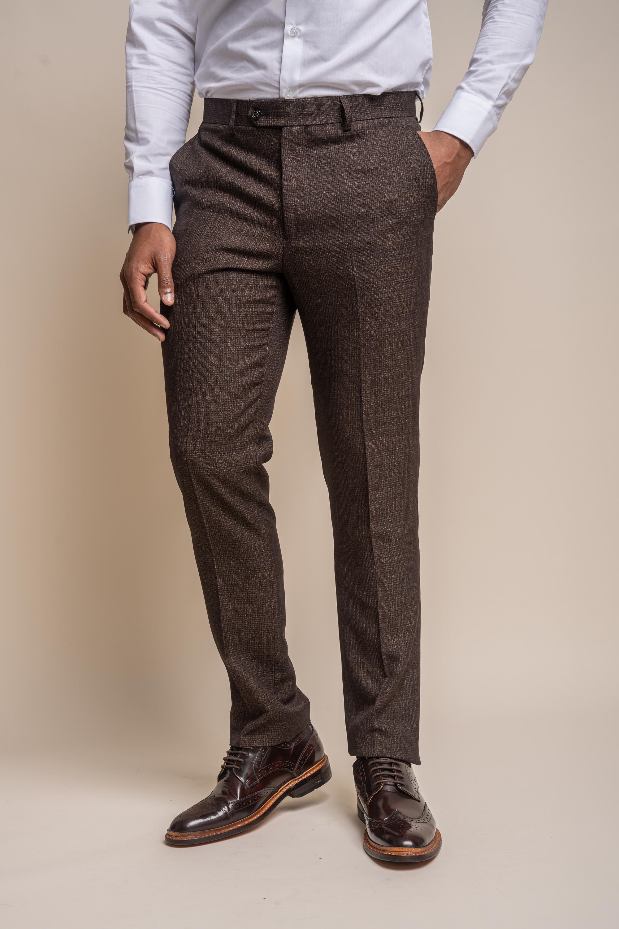 Men's Tweed Check Trousers - CARIDI Brown