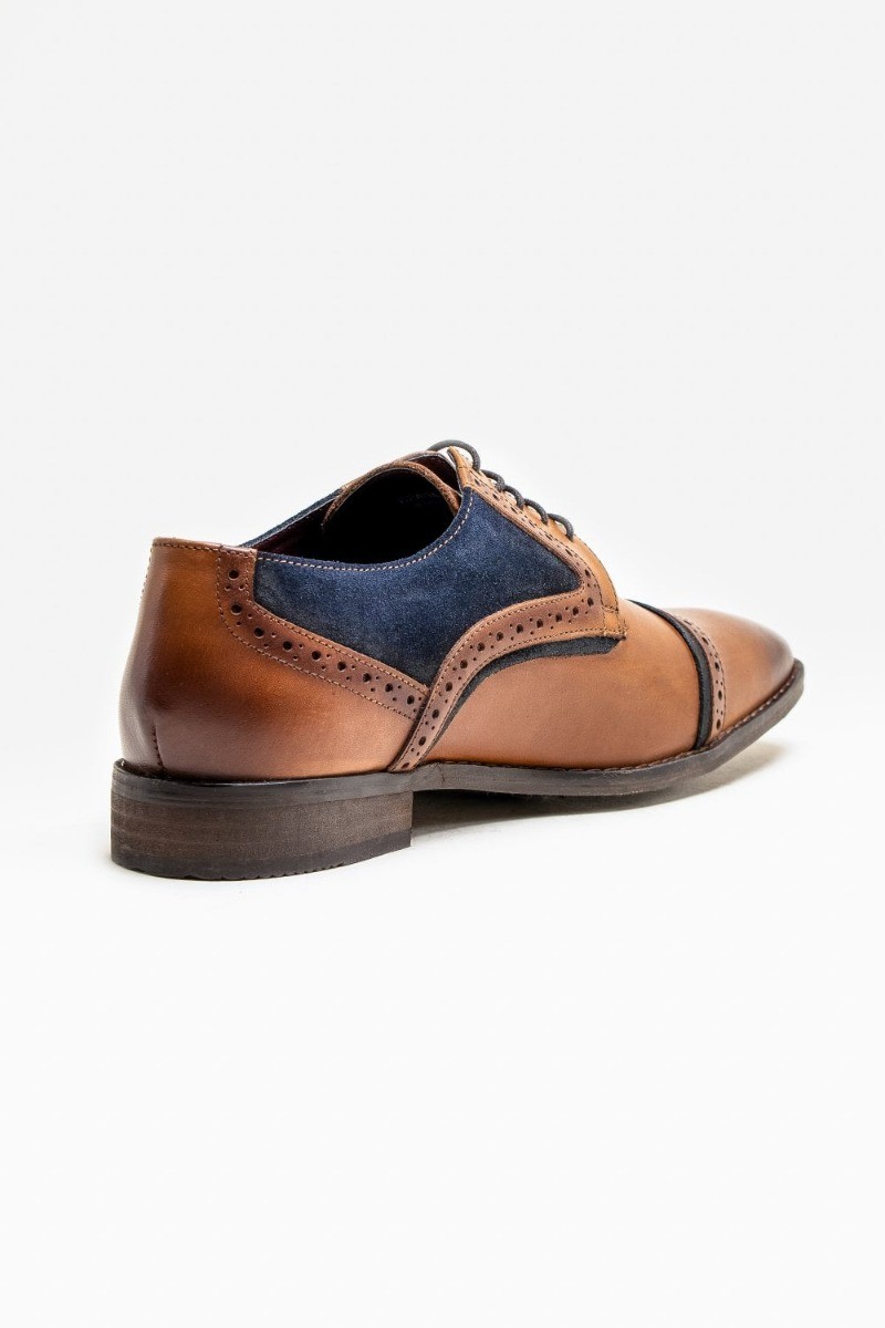 Men's Genuine Leather & Tweed Brogue Shoes - FARO - Tan Brown - Navy Blue