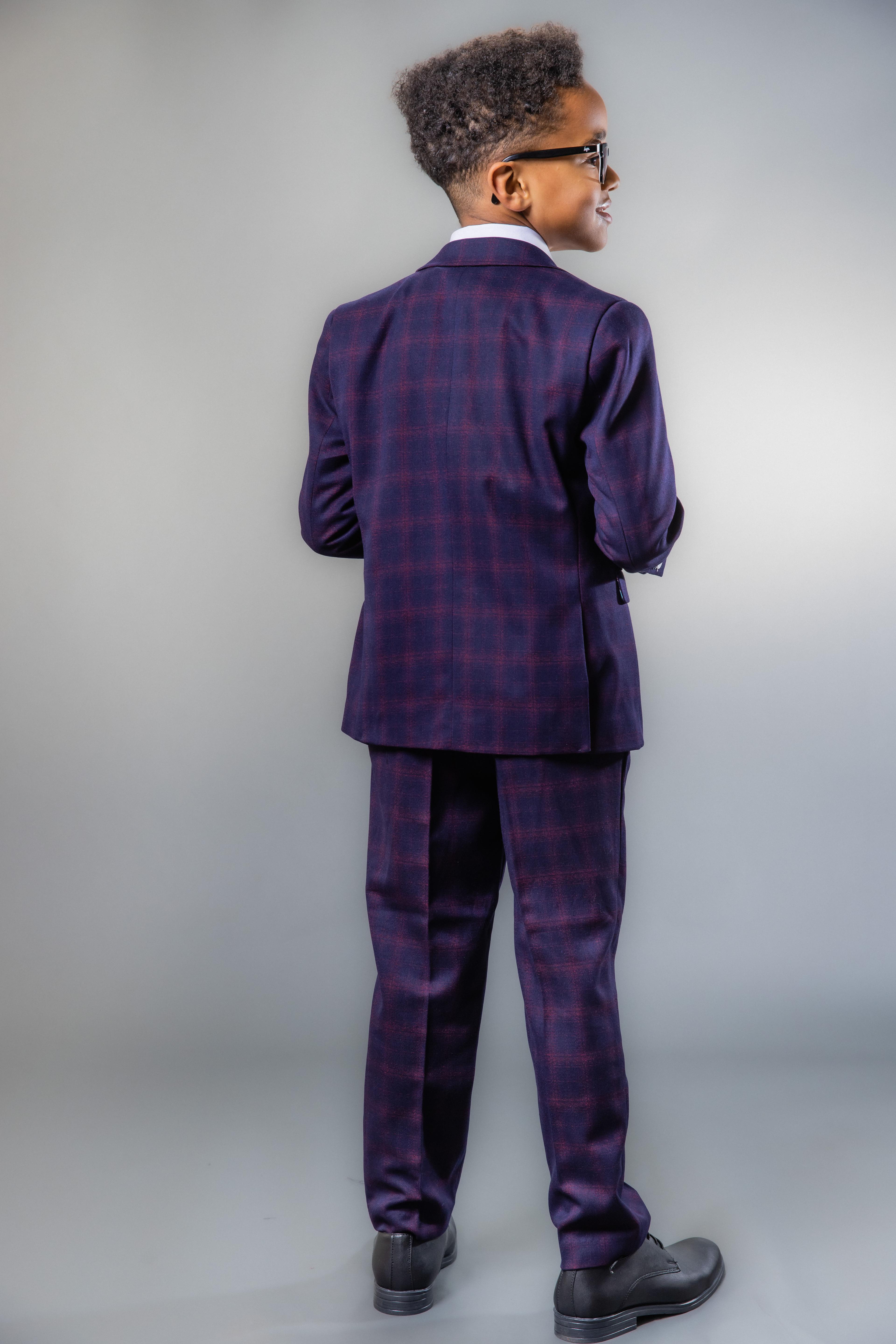 Boys Retro Check Tailored Fit Navy Suit