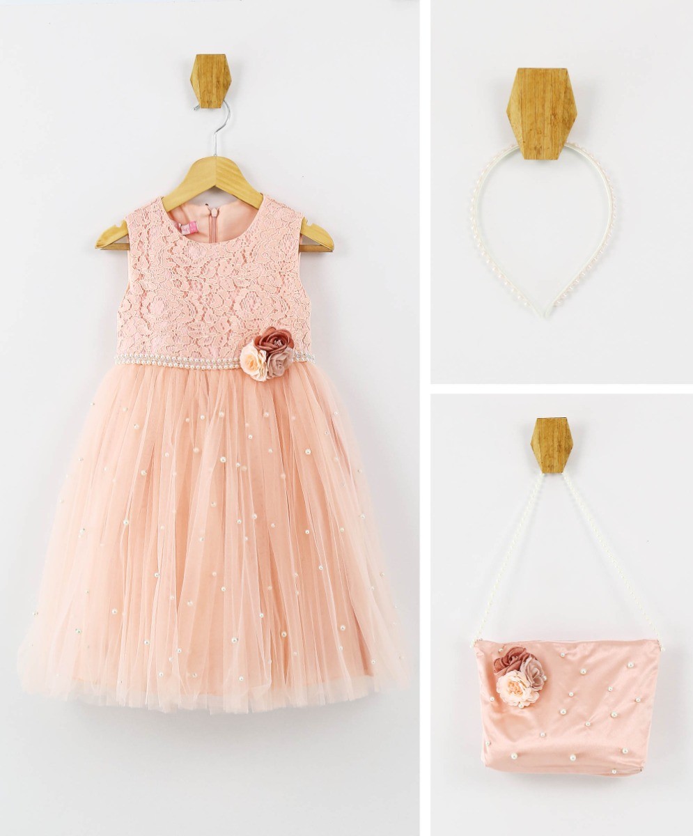 Girls Sleeveless Lace Dress Set In Peach Pink - Peach Pink