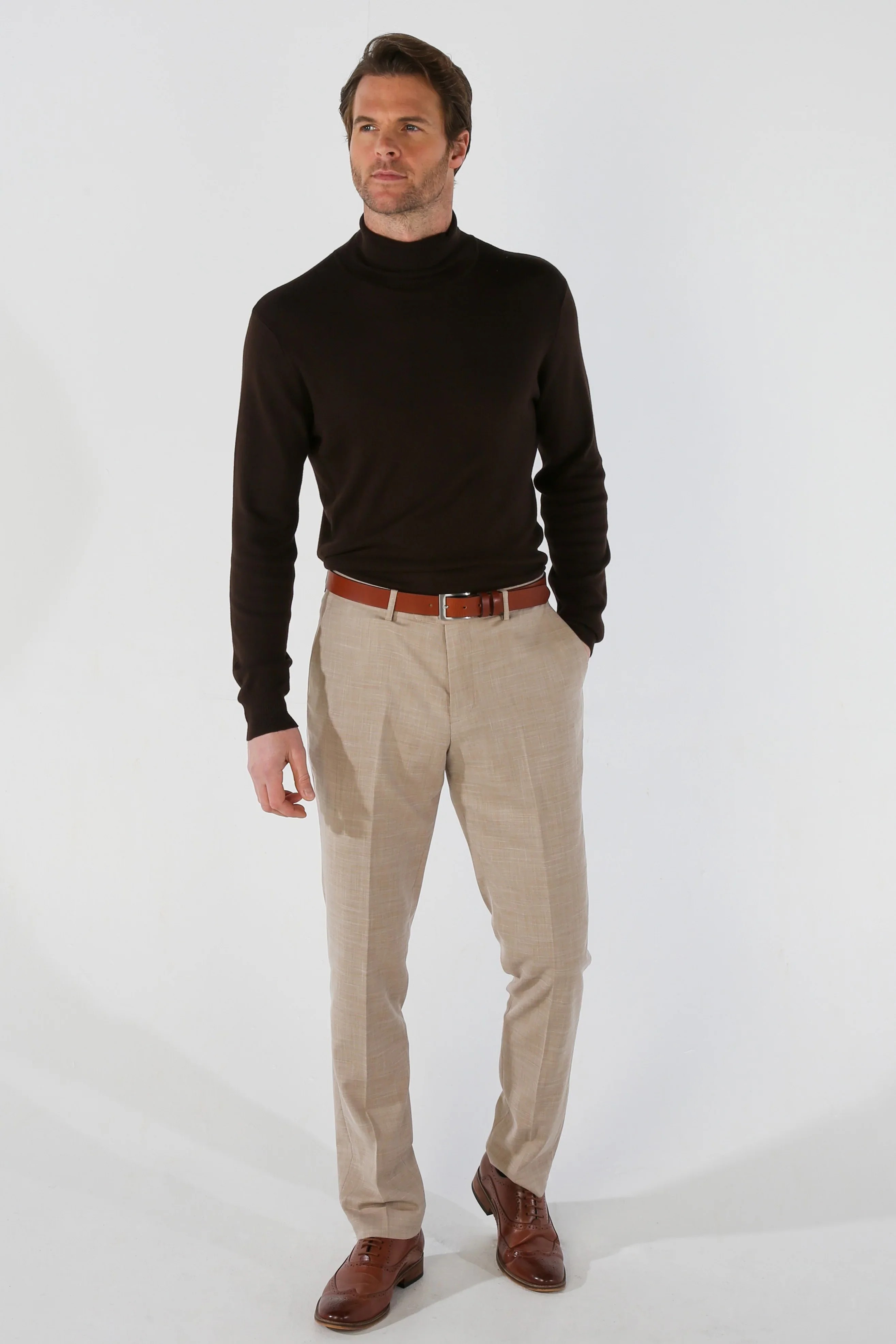 Men's Tailored Fit Plaid Suit Trousers - KURT - Beige