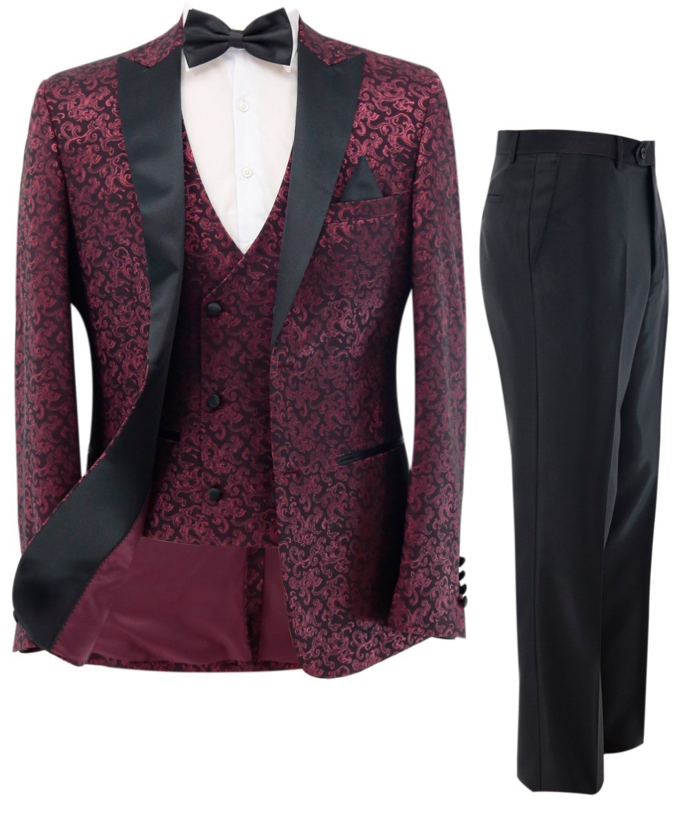 Men's Patterned Shimmer Burgundy Tuxedo Suit - AARON