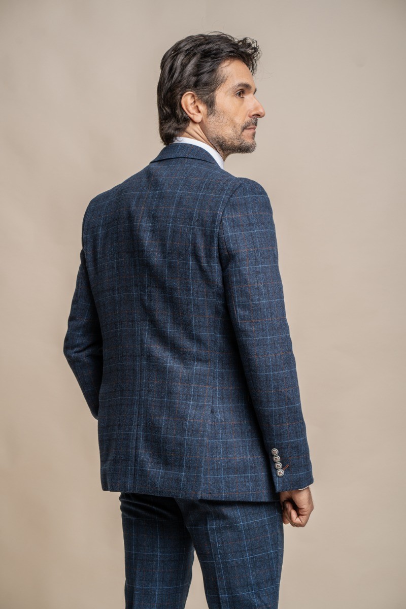 Men's Windowpane Check Tweed Blue Suit Jacket - CODY