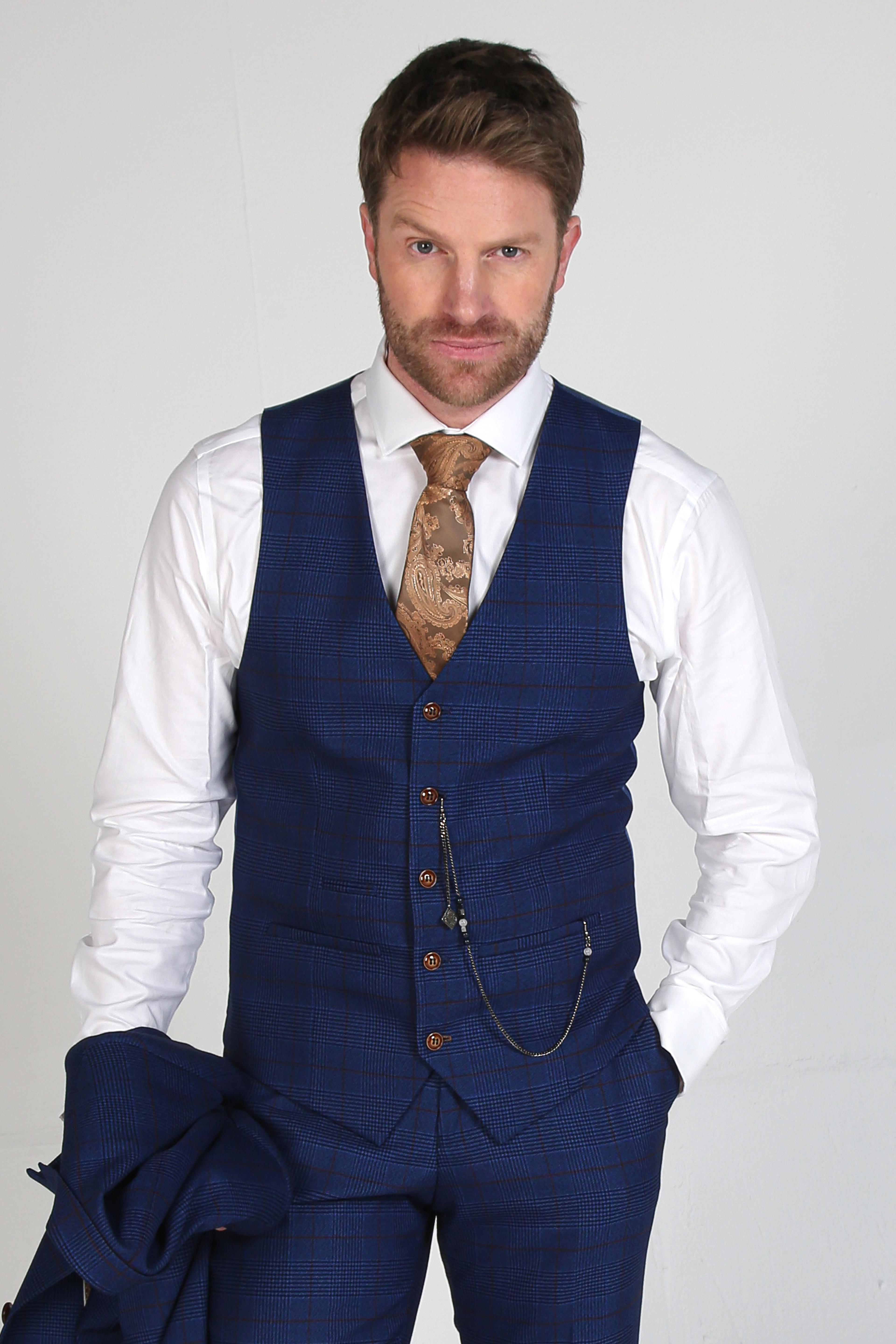 Men's Tweed Windowpane Formal Navy Suit - ALEX