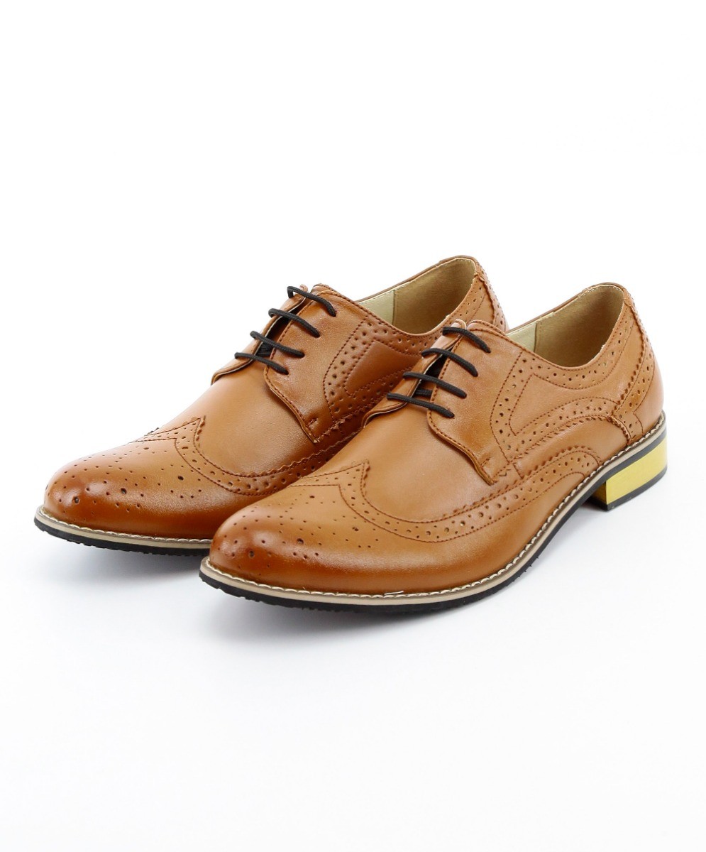 Men's Lace Up Leather Wingtip Brogue Shoes - Tan Brown