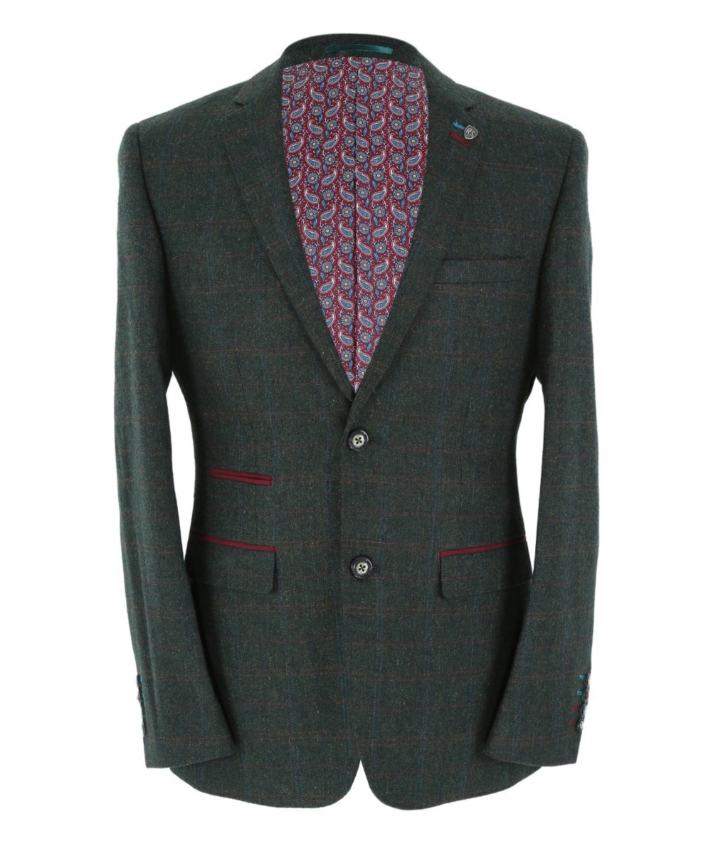 Men's Tweed Check Tailored Fit Suit Jacket - JOSHUA Green