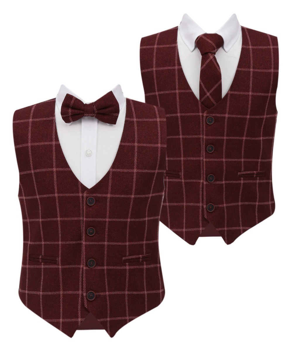 Boys Tweed Check Cotton Waistcoat Set - Maroon - Burgundy