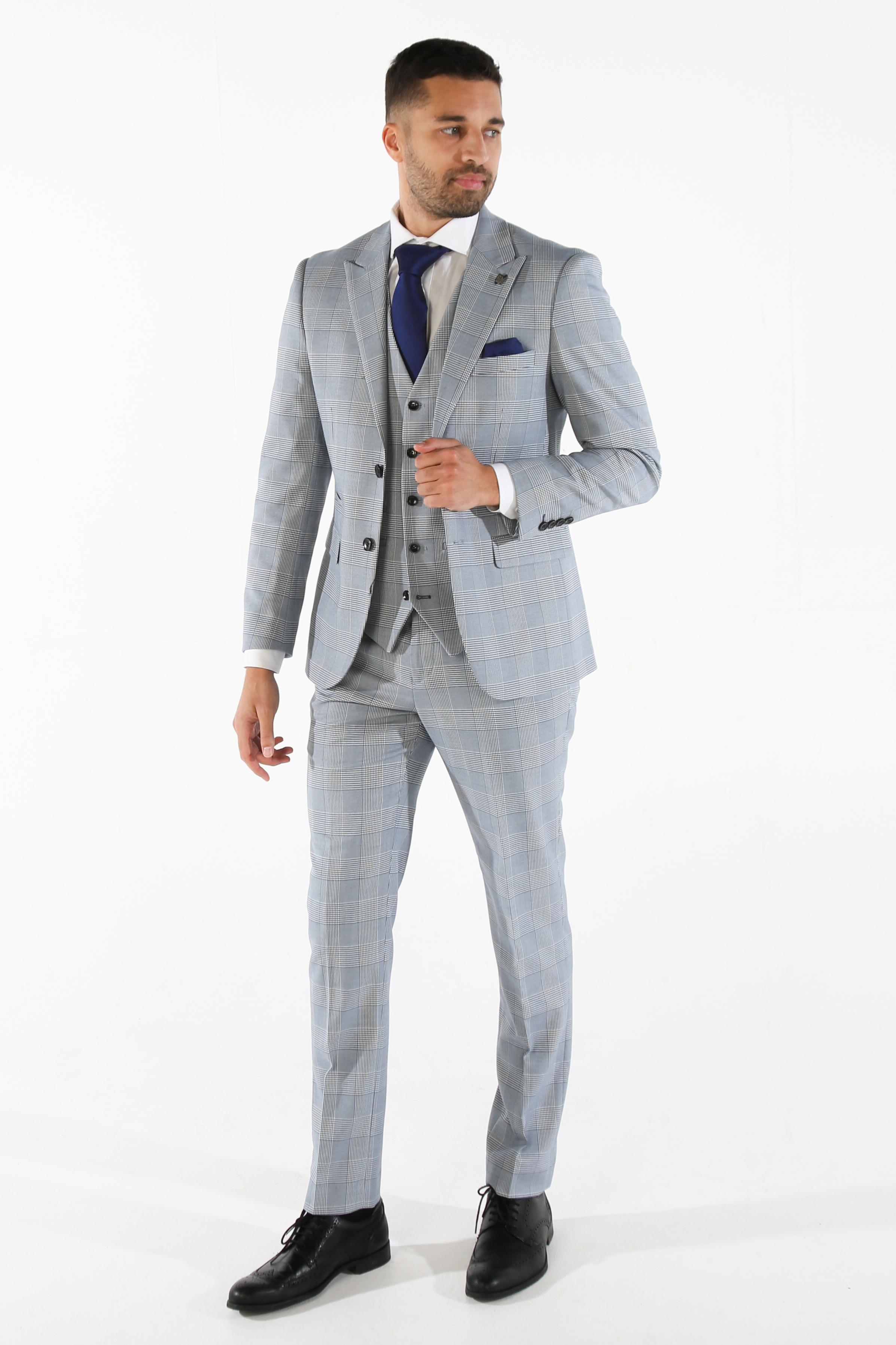 Men's Tweed Houndstooth Check Sky Blue Suit - MARK