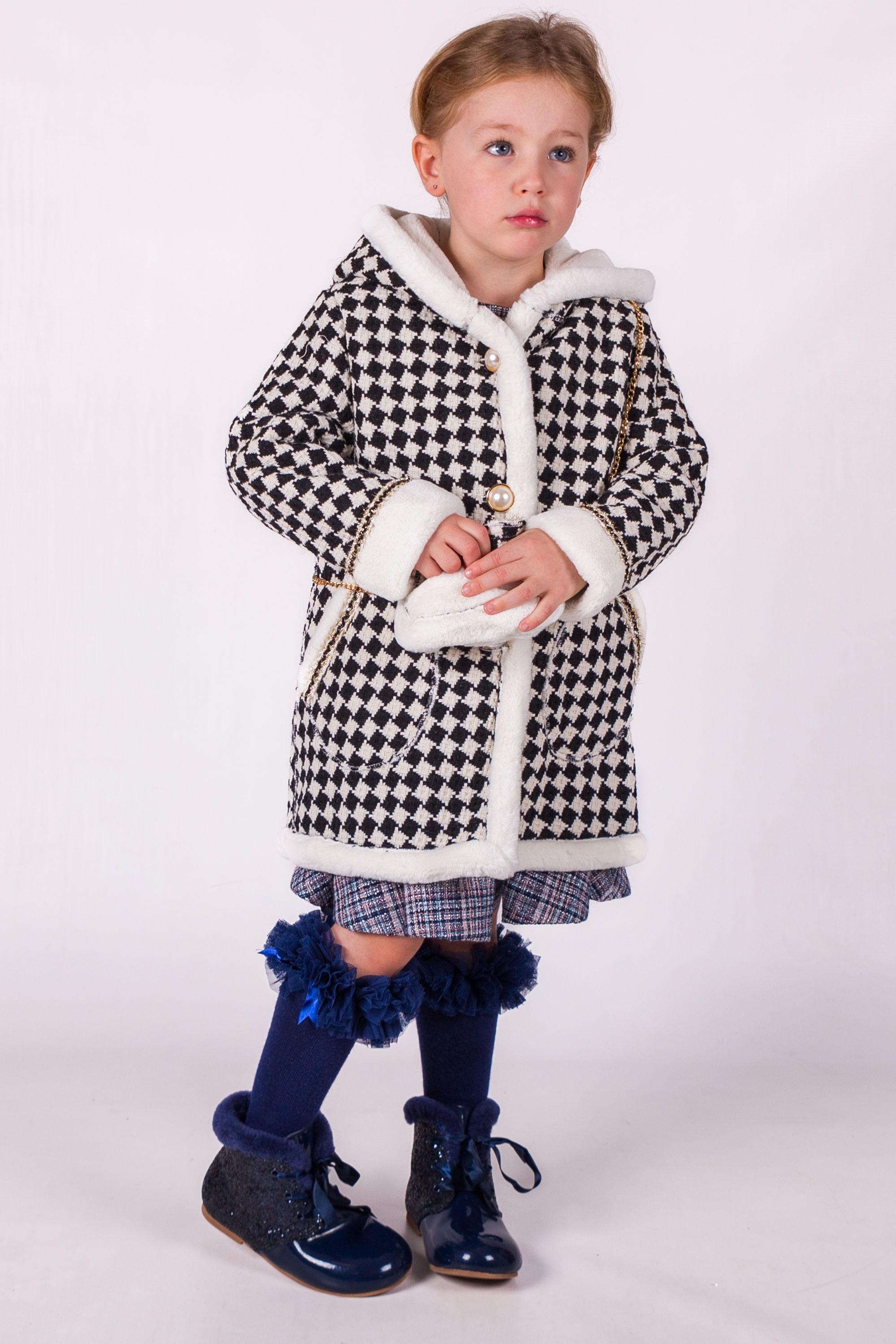 Girls' Cream & Black Hooded Houndstooth Coat & Handbag 