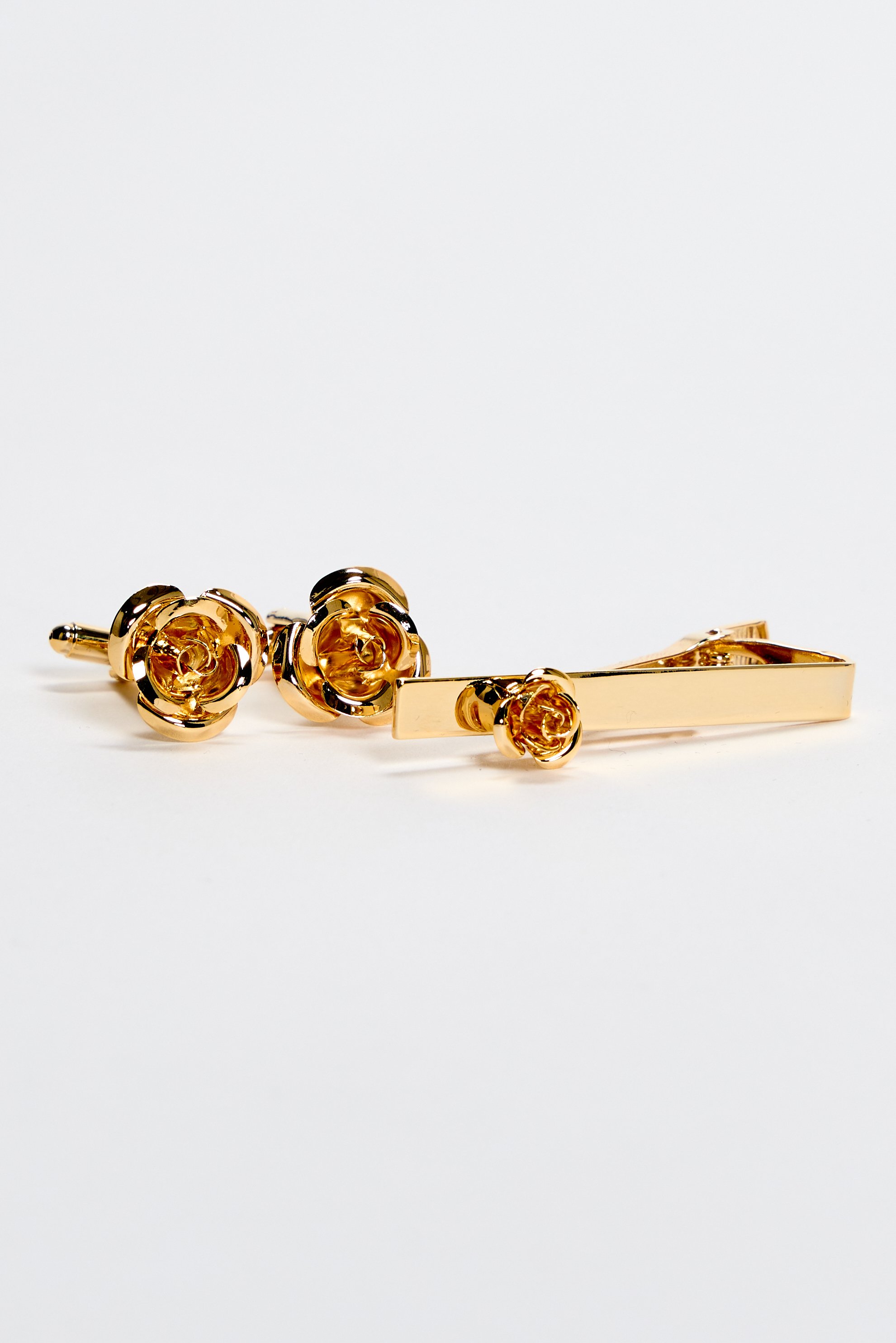 Men's Rose Cufflinks and Tie Clip Set - Gold Champagne