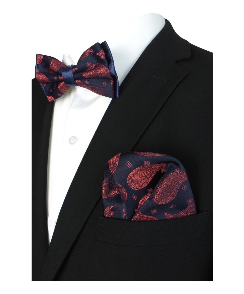 Boys & Men's Paisley Bow Tie and Hanky Set - Navy Blue and Red