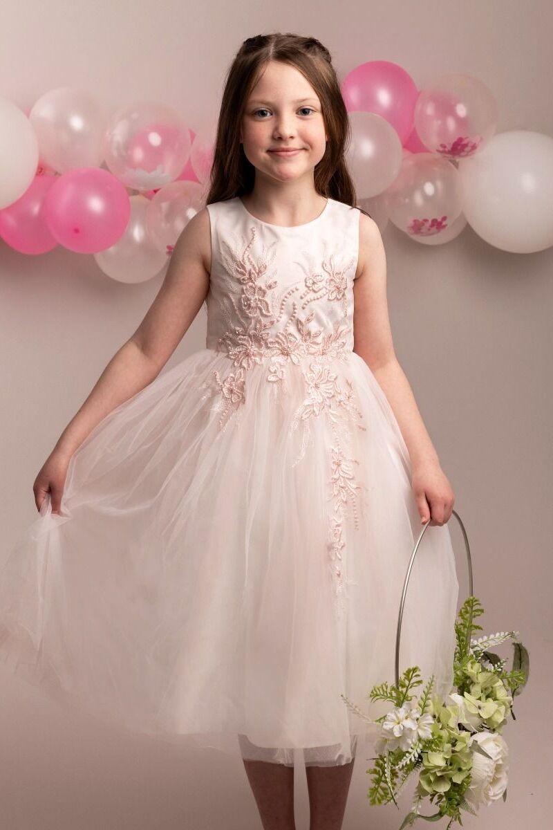 Girls Floral Embroidered Dress with Tulle Skirt - NYRA