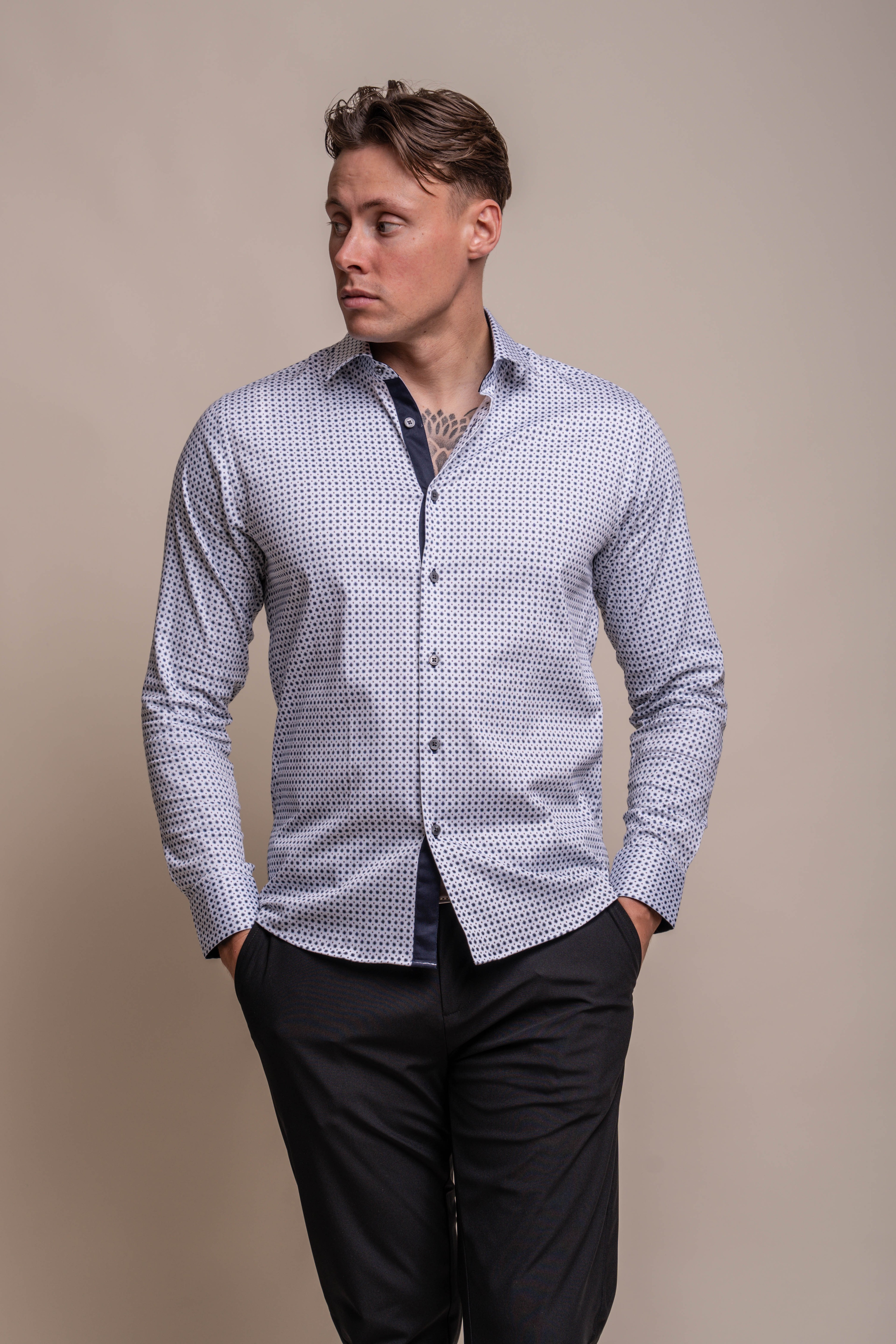 Men's Slim Fit Patterned Cotton Casual White Shirt - MANIA