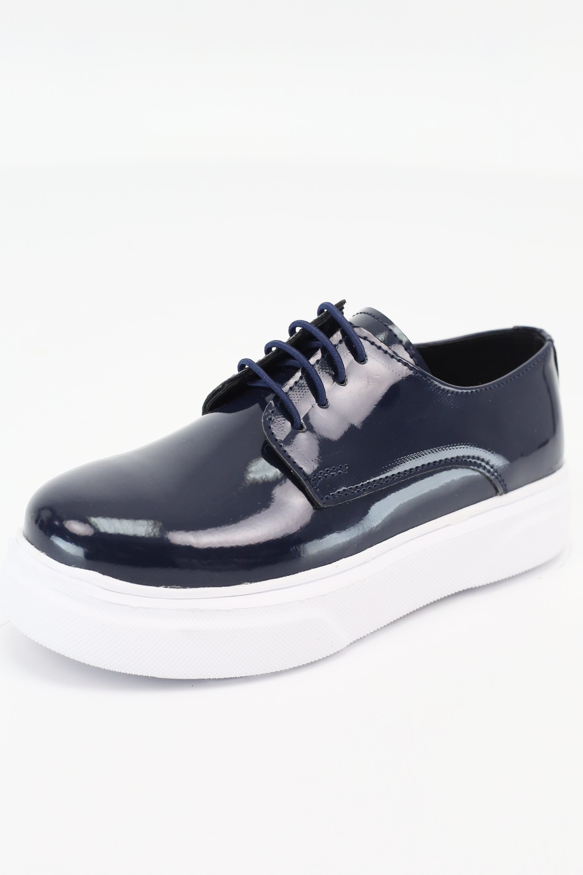 Boys Patent Black Lace-up Sneaker with White Thick Sole - Navy Blue