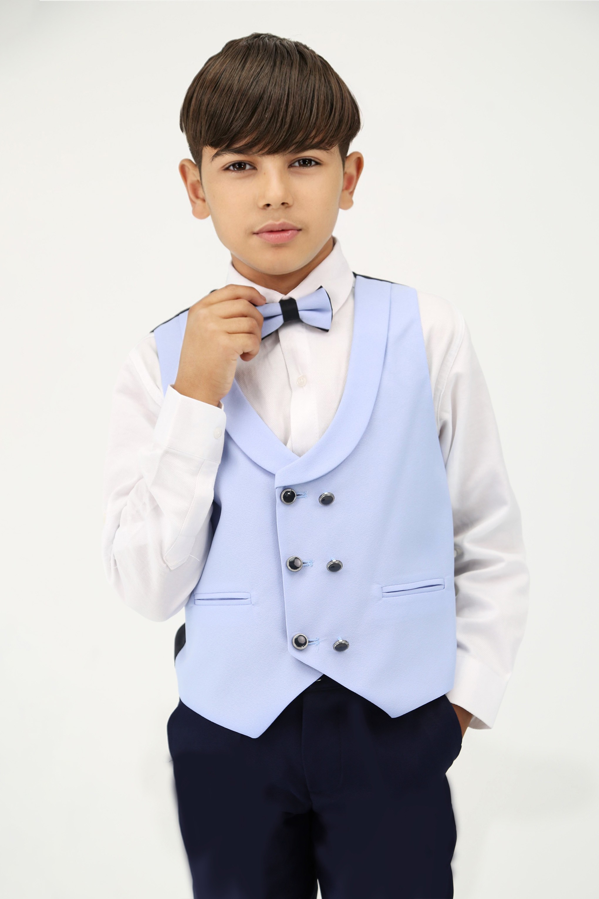 Boys Light Blue 6 PC Suit Set with Black Contrast Lapels