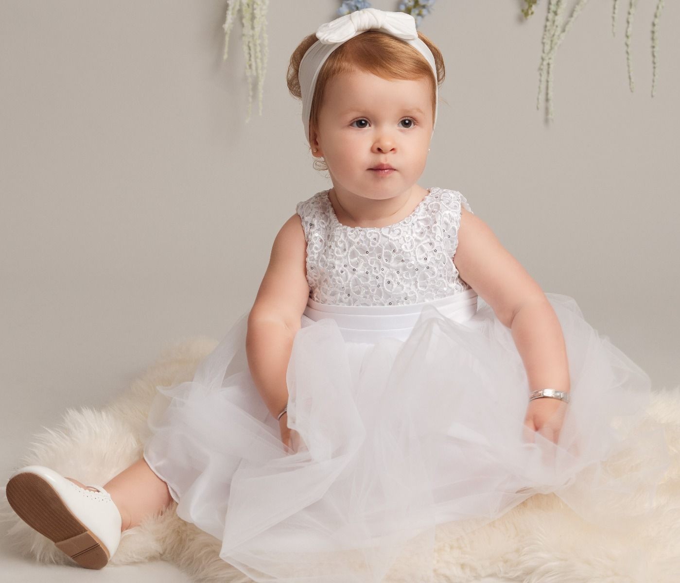 Baby Girls Dress with Floral Bodice & Bow - PC-1025 - Ivory