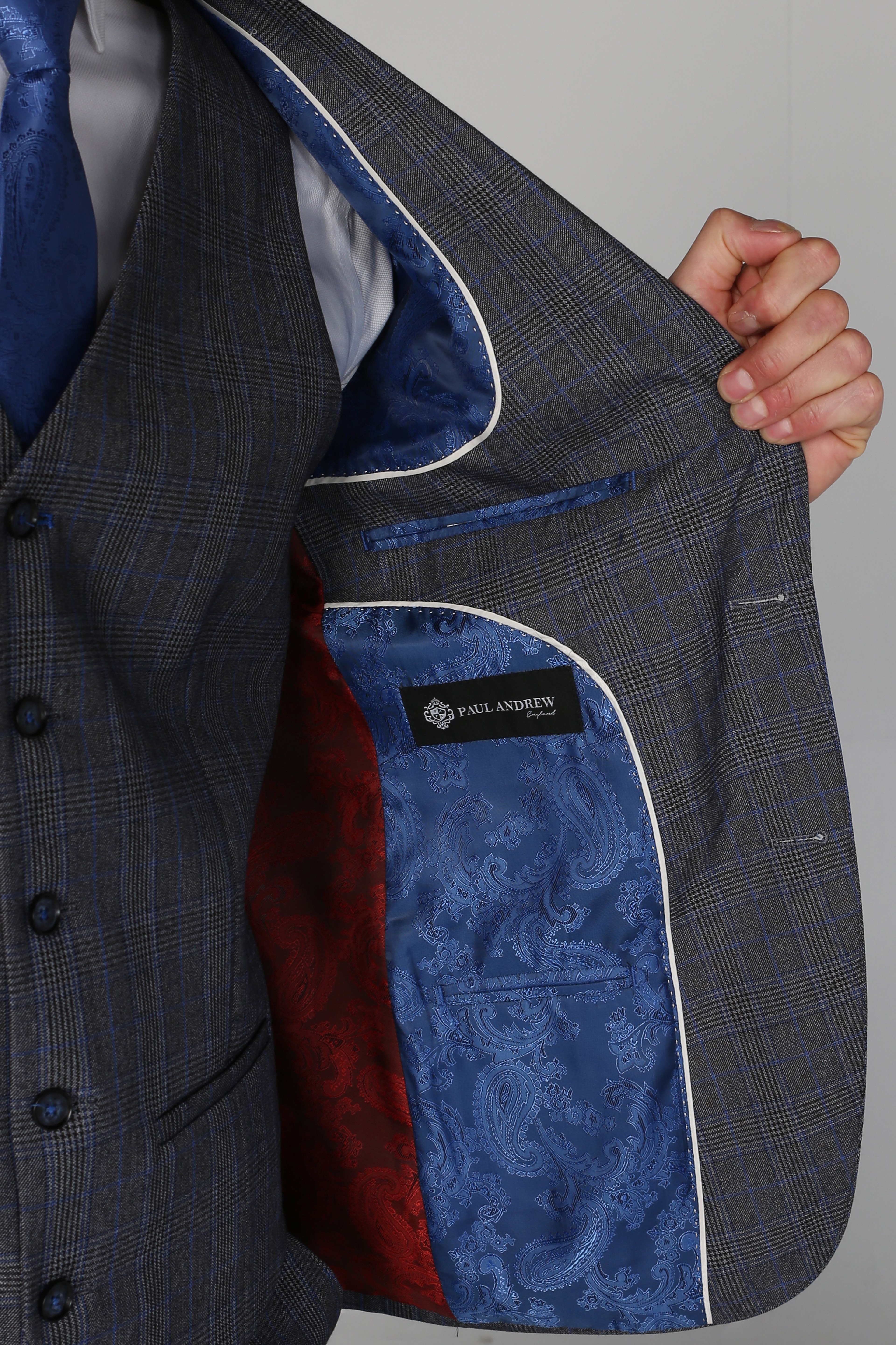 Men's Check Textured Tailored Fit Formal Suit - HENRY  - Grey - Blue